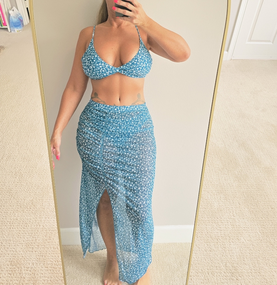 Pg5 Turquoise Floral Bikini and Skirt 3pc Set